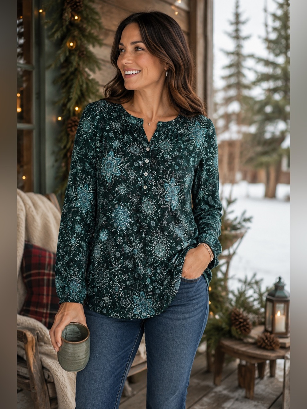 J. Jill NWT Winter Snowflake Print Long Sleeve Henley Top Large